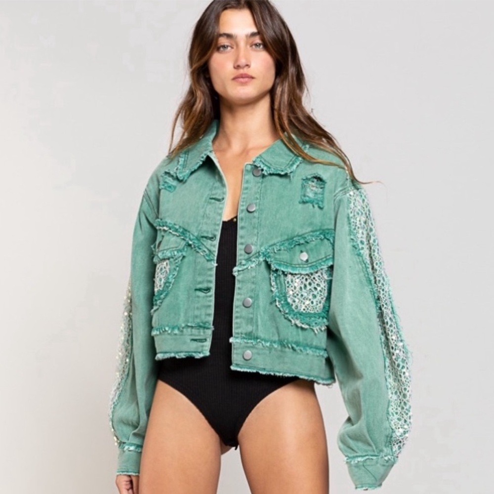 POL Sequin Lace Cropped Denim Jacket - Picture 3 of 6